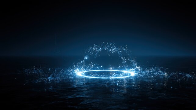 Glowing blue neon ring emerging from dark water surface with sparkling splashes and particles, futuristic technology concept