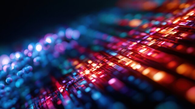 Vibrant red and blue glowing dot grid with bokeh effect on dark surface, digital technology and data visualization concept