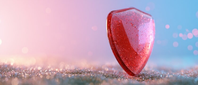 Red transparent glass shield with bubble texture on sparkling surface against pink and blue gradient background