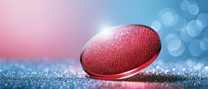 Red round pill with water droplets on glossy surface against pink and blue gradient bokeh background, healthcare and vitamin