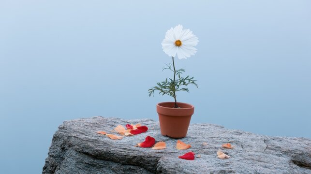 White cosmos flower in terracotta pot on rocky surface with scattered petals against soft blue sky, peaceful nature scene