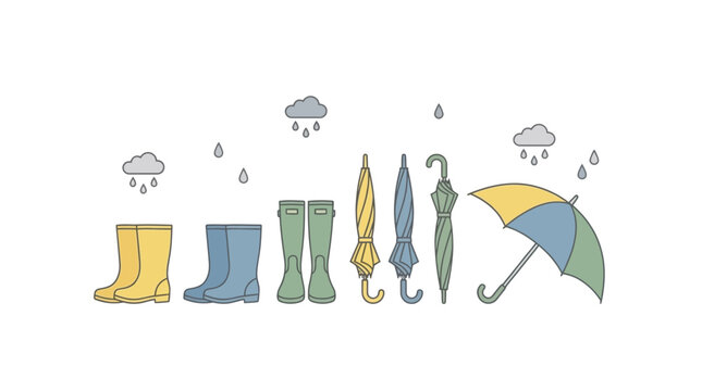 Rainy day accessories including boots and umbrellas on display