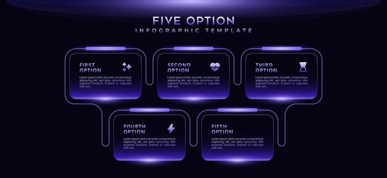 Liquid glass infographics template. 5 step flowchart numbered icons. Business process, workflow, timeline, data visualization layout, presentations, reports, web design, corporate strategy concepts.