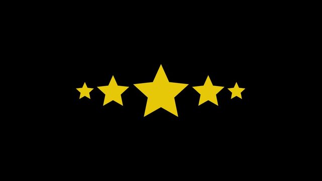Five Golden Stars Rating on Black Screen Chroma Key Background: 5 Star Customer Feedback Review Icon