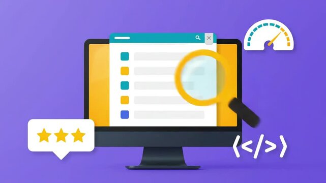Magnifying glass over code on computer screen with ratings.