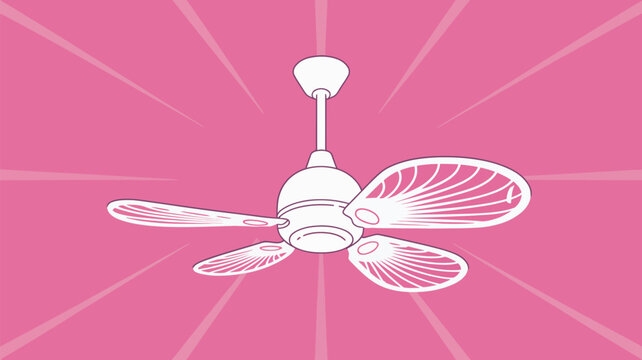 Ceiling fan with uniquely shaped blades hangs against a vibrant pink backdrop for interior design.