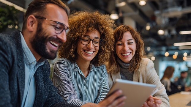 Three diverse friends, including a Caucasian man, a Middle-Eastern woman, and a Hispanic woman, enjoy a moment together viewing a tablet.