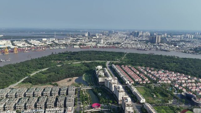 Aerial view of Saigon river port and Sala urban park in Ho Chi Minh city, Vietnam.