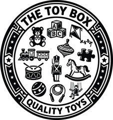 Vintage toy shop round emblem with quality toys text featuring teddy bear abc blocks kite locomotive drum nutcracker soldier and rocking horse isolated on white background © MstAnjuAra