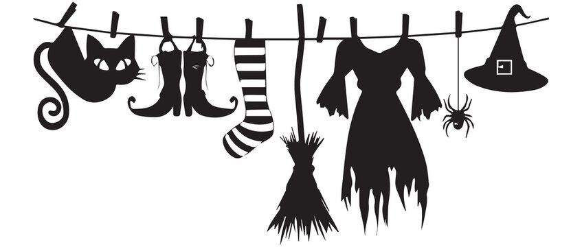 Halloween witch laundry silhouette hanging on clothesline with cat dress broom and spider vector