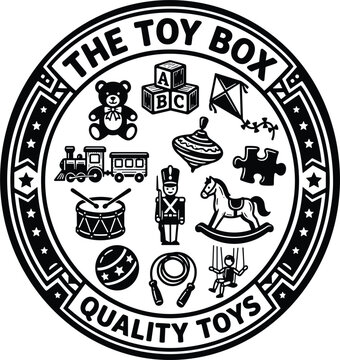 Vintage toy shop round emblem with quality toys text featuring teddy bear abc blocks kite locomotive drum nutcracker soldier and rocking horse isolated on white background