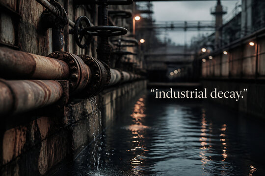 Rusty industrial pipes line a dark, reflective canal under an overcast sky.
