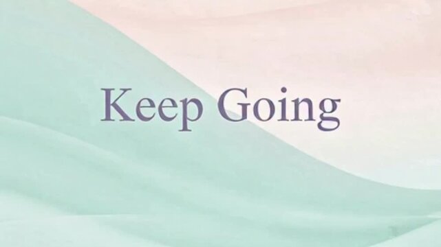 Keep Going text on a soft pastel background with flowing abstract waves in pink and teal, conveying encouragement and serenity.