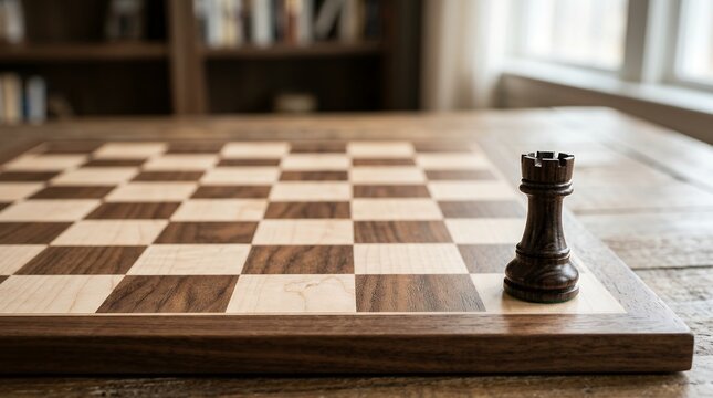 Single black rook chess piece on wooden board in home library setting.