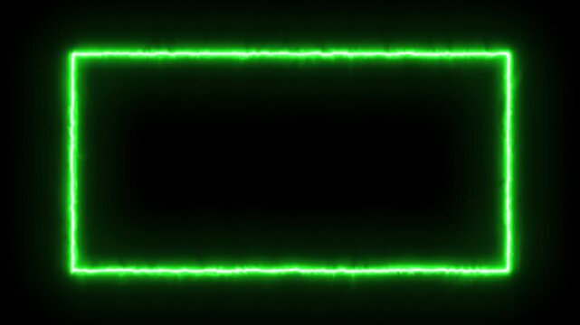 Abstract green neon rectangle frame animation with electric power surges, bright emerald geometric noise border line with smoke light effect isolated on black 4K