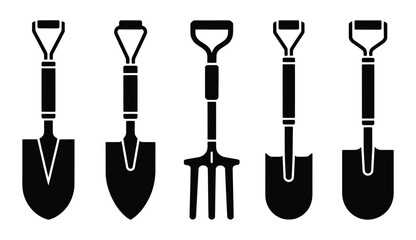 Garden shovel spade fork tool icon set silhouette vector art © Naimur creativehouse