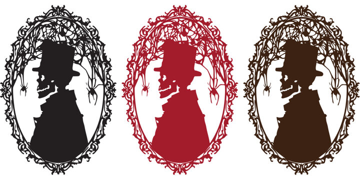 Halloween gentleman skeleton profile silhouette with top hat in gothic oval frame vector set