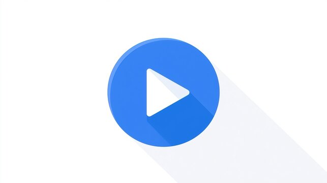 Minimalist blue circular play button icon featuring a clean geometric triangle shape and a long soft shadow on white background