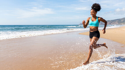 Fototapeta premium Fit woman running along sandy beach shoreline