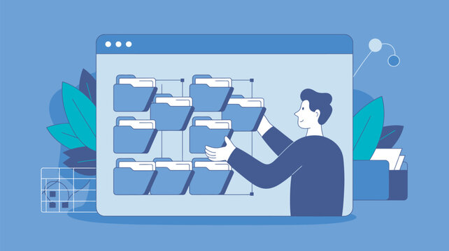 Professional organizes digital files in a folder hierarchy on a computer screen interface.