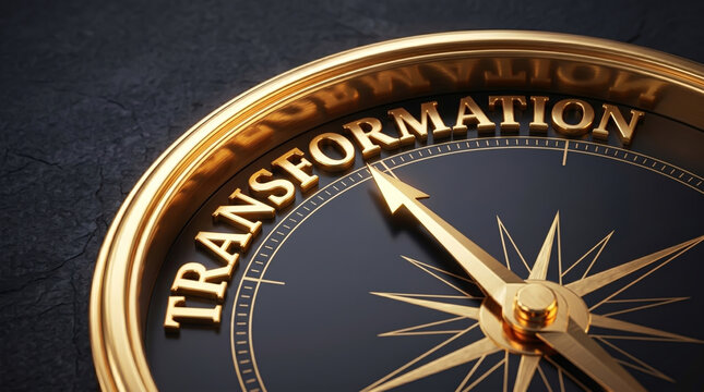 Close up shot of a golden compass needle pointing directly towards the word transformation on a dark textured surface