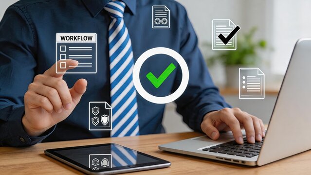 Manager approving digital workflow process on laptop, business efficiency concept, document management system, secure data handling, corporate strategy execution
