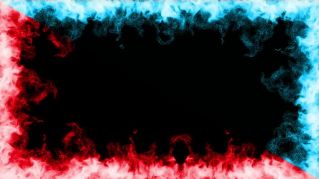 赤と青の炎が斜めに分かれてメラメラと燃え続けるアニメーション。リアルな火の映像背景。四方を炎に囲まれたフレーム。試合や対戦を派手に演出するエフェクト素材
