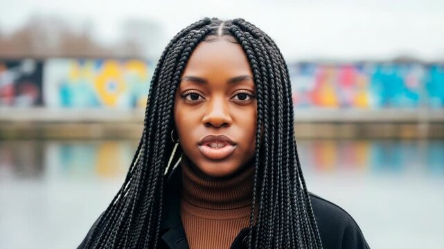 Portrait of a young black woman with braided hair wearing a brown turtleneck and black coat