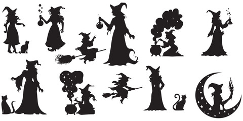 Halloween witch silhouettes mega set with flying broomstick cat cauldron and magic potion illustration © Mujtanibah