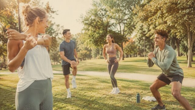 Community wellness: Diverse group of smiling friends enjoying an outdoor fitness class, warming up and stretching together in a sunny park at golden hour.