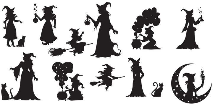 Halloween witch silhouettes mega set with flying broomstick cat cauldron and magic potion illustration