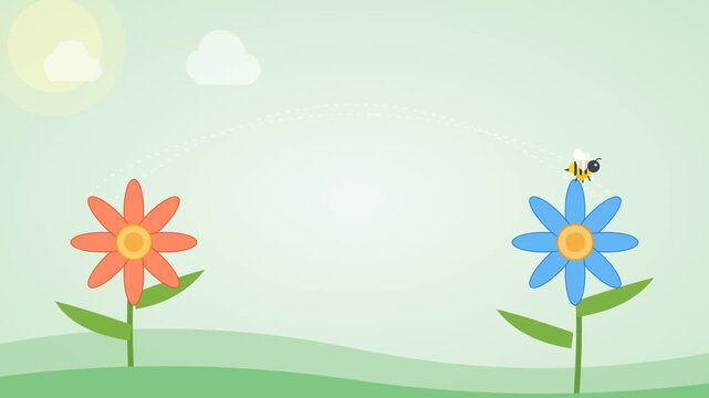Cute animated bee flying from orange flower to blue flower in sunny spring meadow