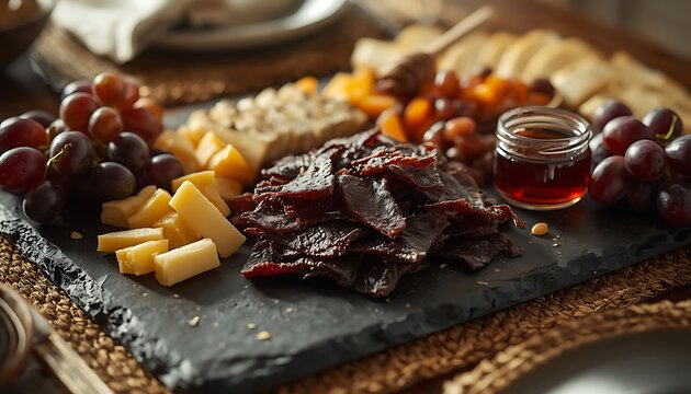Gourmet Charcuterie Board with Beef Jerky, Cheese, and Fresh Grapes