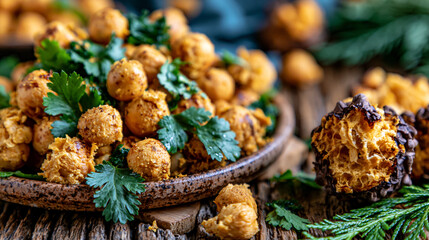 Fototapeta premium Crispy fried chickpea pakora fritters garnished with fresh cilantro leaves, chickpea