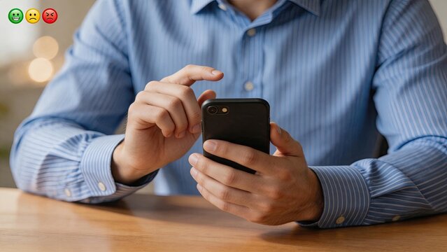 Man using smartphone to rate service with feedback icons, customer satisfaction survey on mobile app, user experience review concept.