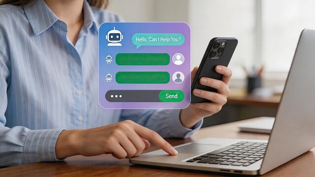 Woman using smartphone and laptop with chatbot interface overlay, artificial intelligence customer support and online assistance concept