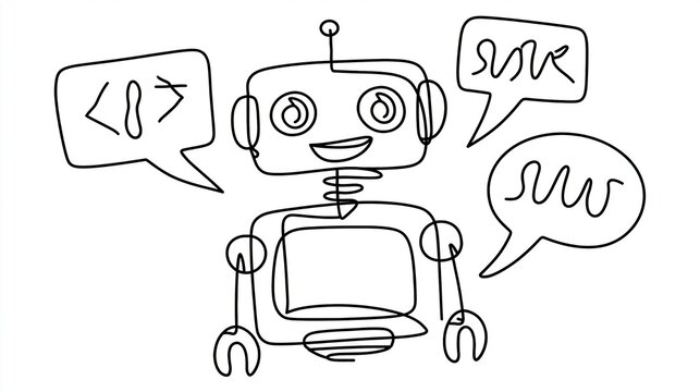 Minimalist continuous line drawing of a friendly chatty robot with speech bubbles and coding symbols depicted on white background