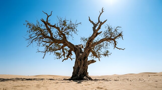 Lone Ancient Ghaf Tree Standing in Riyadh Desert at Midday Sun