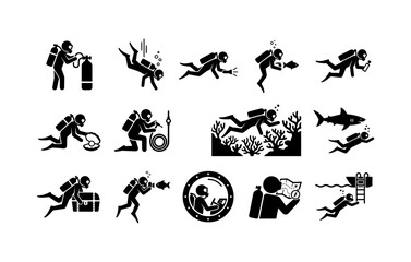 Collection of Scuba Diving and Underwater Exploration Activity Icons in Vector Black and White Silhouette Style © ARIF
