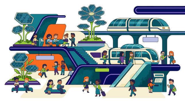 Sustainable Futuristic Transportation Hub with Solar Panels and Monorails Illustration