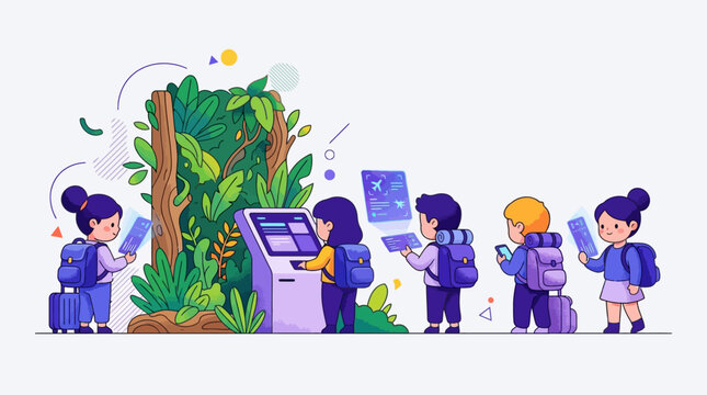 Modern Airport Check-In Illustration with Sustainable Green Wall and Digital Self-Service Kiosks