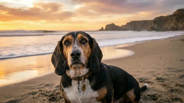 bassador dog on huntington beach california golden light close up video