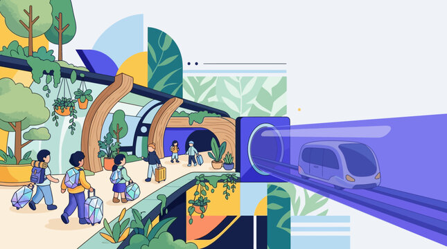 Futuristic Eco-Friendly Transit Hub with High-Speed Tube Train and Passengers