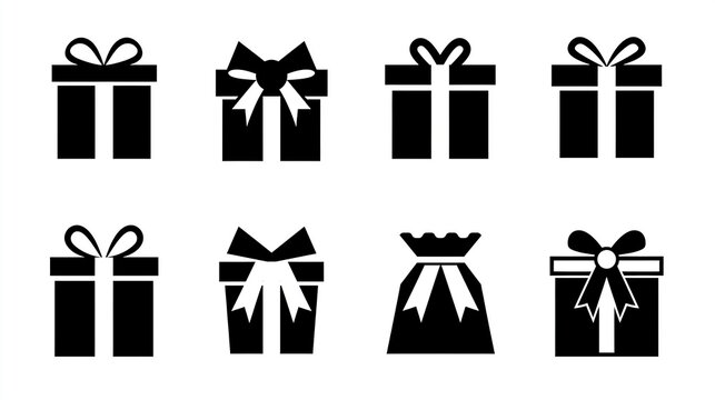 Set of eight black gift box icons featuring decorative ribbons and bows presented as a clean graphic on white background