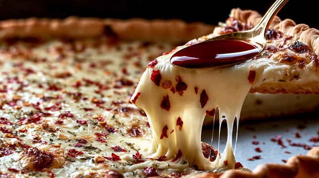 Freshly baked pizza slice being lifted showing long strings of melted mozzarella cheese