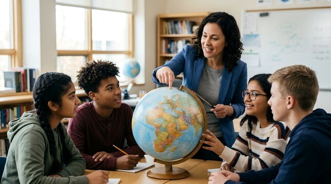 Diverse group of high school students studying geography with teacher in classroom.