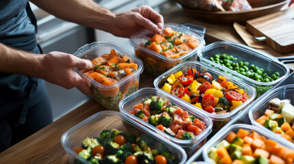 Obraz premium Hands Preparing Healthy Meal Prep with Fresh Ingredients