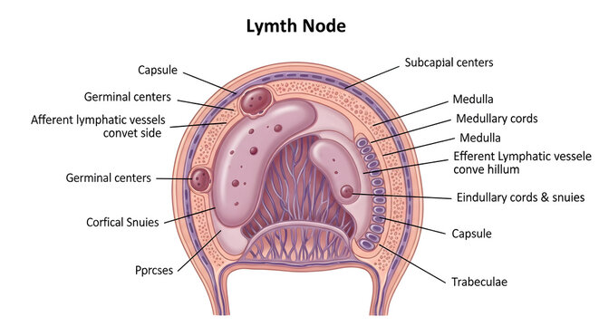 Detailed anatomy of a lymph node educational medical diagram for student learning