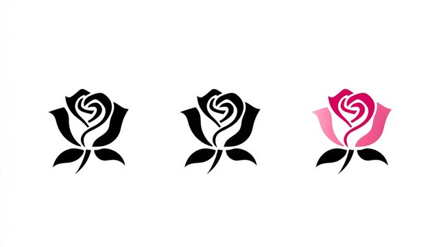 Stylized rose flower icons featuring elegant black silhouettes and a colorful pink floral graphic design element set on white background