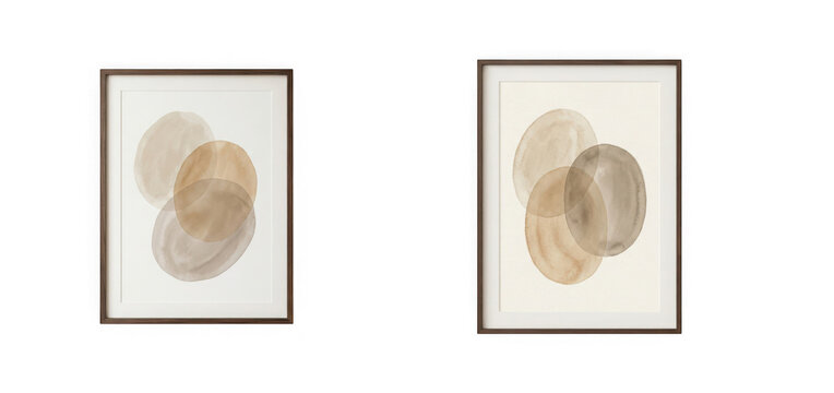 Set of two abstract watercolor paintings in wooden frames, minimalist beige and brown circles on textured paper background isolated on transparent background